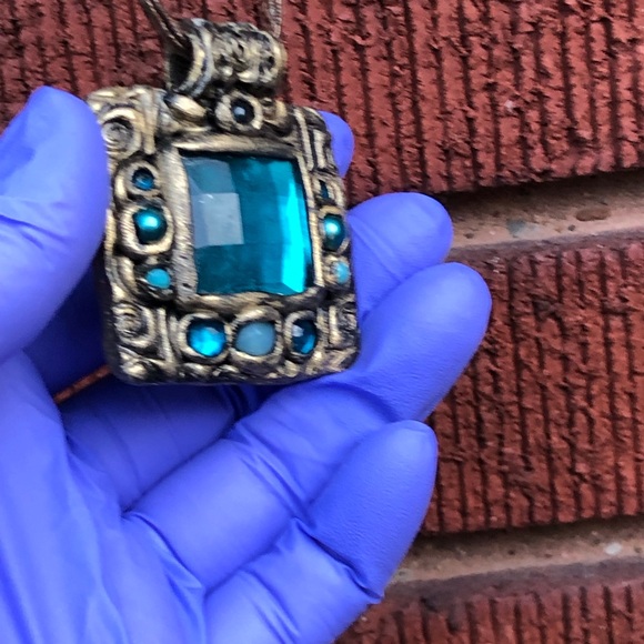 Teal Victorian Square Pendant Medieval Inspired. Artisans Made And Signed - Picture 3 of 12